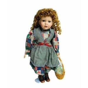Vintage Top Source Gift of Time Porcelain Doll Patchwork Dress With Basket 16”